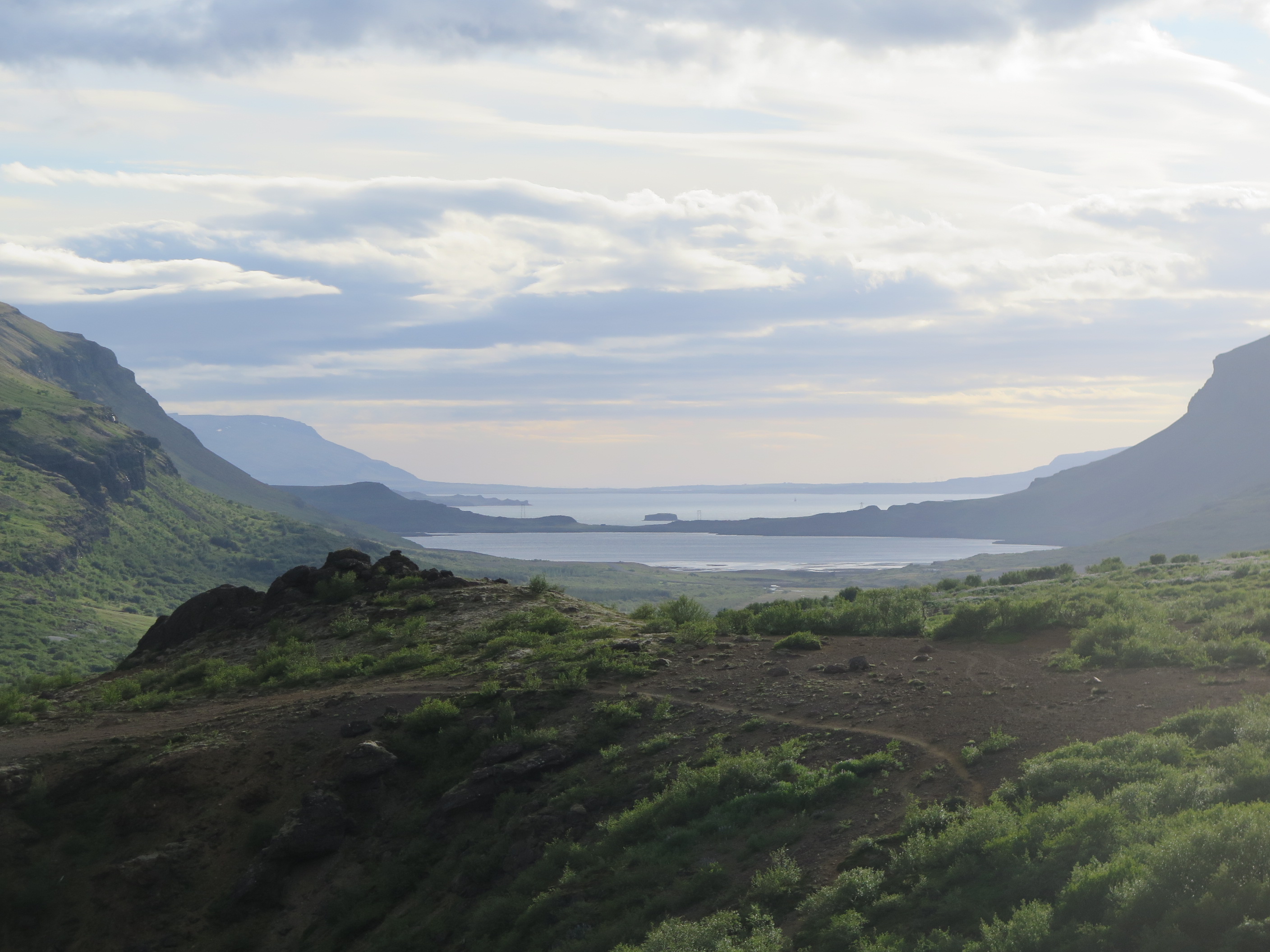 Botnsdalur valley and Hvalfjordur fjord from Glymur canyon. 